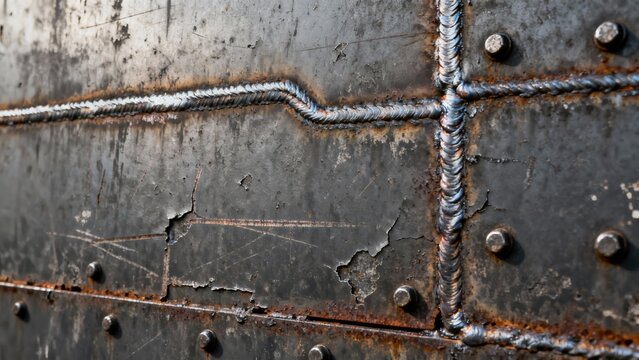 Textured metal surface with welds bolts and rust - Powered by Adobe