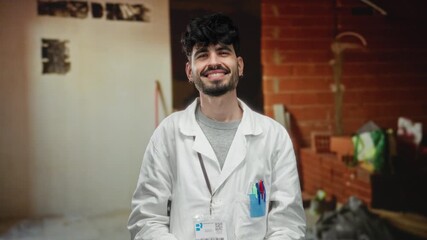 Young man smiling indoors at construction site wearing white coat with badge colorful pens in pocket showcasing professional attire in industrial setting. - Powered by Adobe