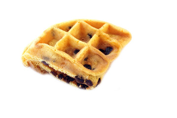 Chocolate chip waffles on white background. Crispy golden homemade dessert with fluffy texture and rich aroma, ideal for breakfast menu, bakery advertisement, or food blog concept.          