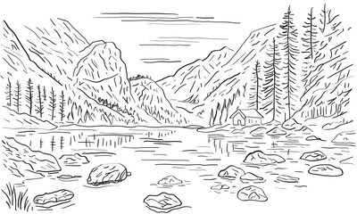 Hand Drawn Mountain Lake Landscape &ndash; Cabin and Pine Trees Line Art Illustration
