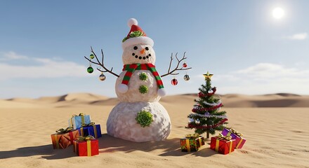 Festive snowman and christmas tree in a desert with gifts