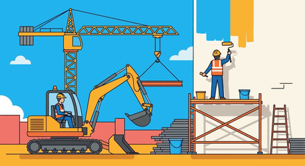 Construction site bustling with workers crane excavator and painter Building development teamwork