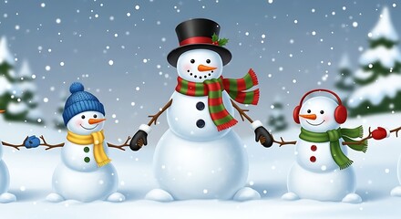 Fototapeta premium Three cheerful snowmen in winter scene with snowfall and trees