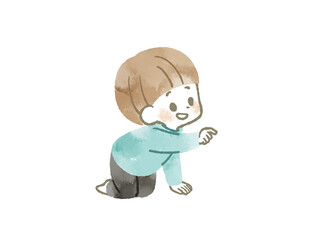 笑顔で何かを触る動作をしている男の子-水彩