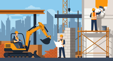 Workers constructing a city building with excavator blueprints and painting Urban development