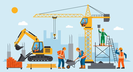 Construction workers and heavy machinery building urban infrastructure Development  teamwork concept