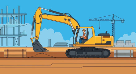 Worker operating excavator at a busy construction site representing development and labor