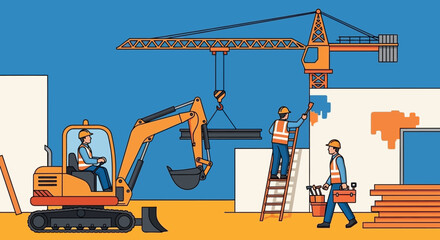 Building construction site with workers crane excavator and materials Development  real estate