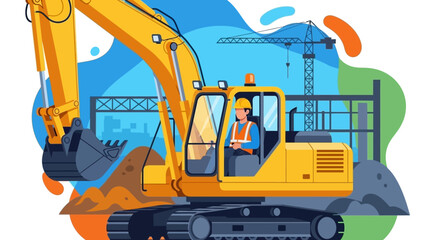 Worker in safety gear operates a powerful yellow excavator on a construction site with a crane