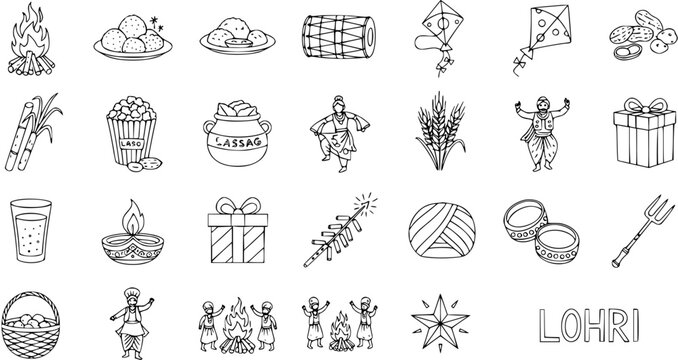 Lohri Festival Celebration Elements Vector Set with Bonfire, Food, Dancers  Harvest Symbols