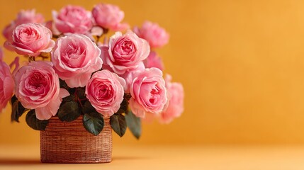 Obraz premium Delicate Pink Roses Bouquet in a Woven Basket on a Warm Orange Background with Ample Copy Space