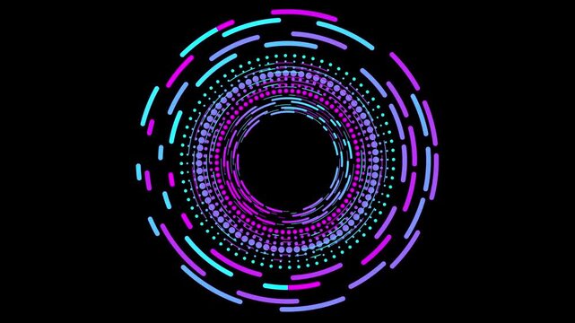 Abstract Neon Light Dot and Dash Rings Looping Animation on Black Background