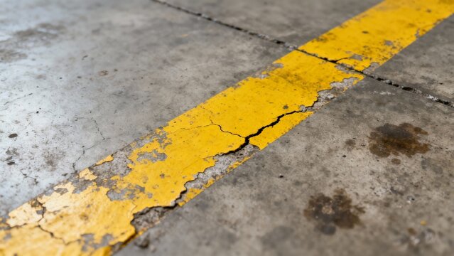 Cracked yellow line on a concrete floor with stains. - Powered by Adobe