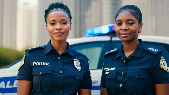 Close-up FHD video portrait of a two female police officers posing for photo with a police car. Police partners lean on their patrol car, showcasing readiness and unity in service.