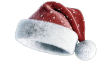 Classic red santa claus hat with white fur trim and snowflake pattern isolated on transparent background