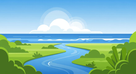 Obraz premium Winding River Flowing Through Lush Green Landscape Towards Ocean.