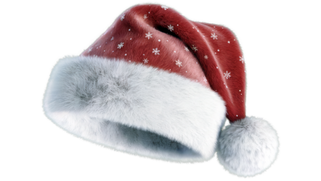 Classic red santa claus hat with white fur trim and snowflake pattern isolated on transparent background