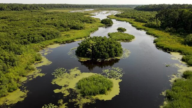 Aerial view gliding slowly above a vast, untouched swamp, revealing complex patterns of waterways and thick foliage below bayou, dense, environmental