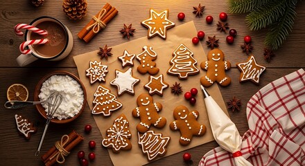 A festive overhead view of beautifully decorated Christmas gingerbread cookies arranged on a rustic wooden table with baking ingredients and holiday decorations.