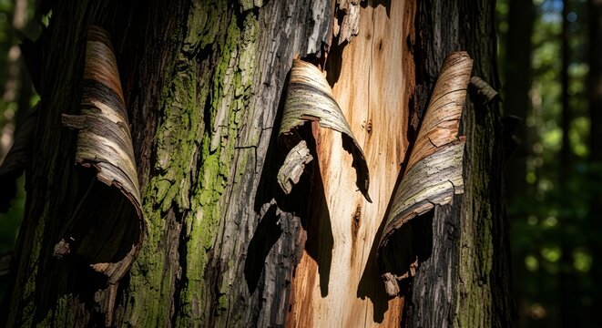 Striking Close-up of Peeling Tree Bark with Green Moss in a Sunlit Forest