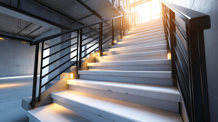 Fototapeta premium Concrete staircase with black metal railing, white steps ascend, modern interior design, minimalist style, industrial aesthetic with rough texture, natural light creates shadows on