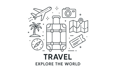 Obraz premium Travel adventures: explore the world with iconic travel symbols in linear design