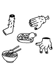 Gory cannibal food, dark humor, and creepy body parts