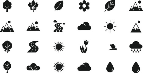 Collection of nature and weather icons including trees mountains sun clouds rain rivers and leaves isolated on transparent background