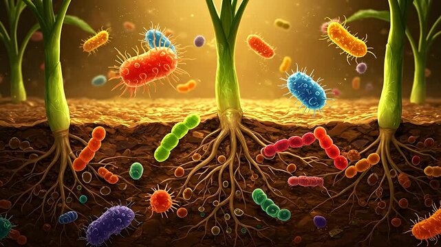 Microscopic view of plant roots and soil bacteria for science education