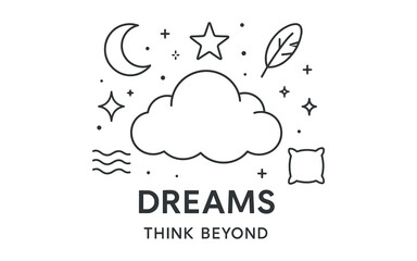 Obraz premium Dreams concept with cloud, moon, and stars in minimalist linear design