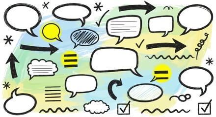 Hand-Drawn Speech Bubbles and Arrows on a Watercolor Background Communication Concept