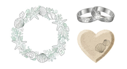 Beach-themed wedding vector elements with seashell wreath, wave-pattern rings, and sand-texture heart