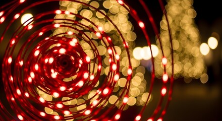 Vibrant Red LED Light Spiral Against a Luminous Golden Bokeh Background, Creating a Festive Abstract