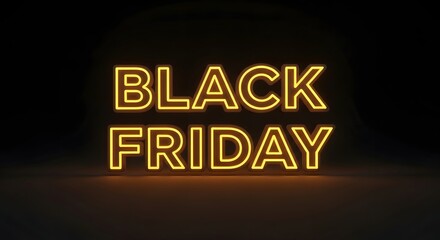 Glowing neon sign that says black friday in yellow on a dark background, representing the popular shopping event and sales