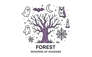 Obraz premium Spooky forest scene with ghosts, bat, owl, and webs in linear style