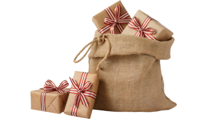 Festive burlap sack overflowing with christmas presents tied with red and white striped ribbon isolated on transparent background