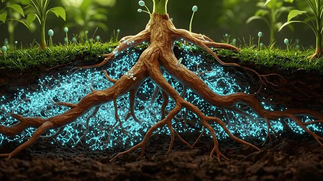 Plant root system showing nutrient absorption and growth