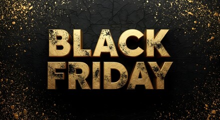 Black friday golden text on a dark background with glittering particles, representing sales and discounts during the holiday shopping season