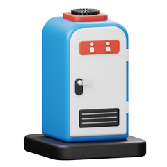 Blue and White Public Toilet Booth with Red Accent and Black Base Featuring Gender Icons on Transparent Background