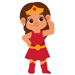 Cute Cartoon Girl Dressed As A Superhero With A Star Emblem On Her Tiara And Belt In A Red Dress And Boots With A Transparent Background