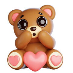 Cute Cartoon Brown Teddy Bear Holding Pink Heart With Paws Over Mouth Showing Surprise And Love On Valentine Day Transparent Background