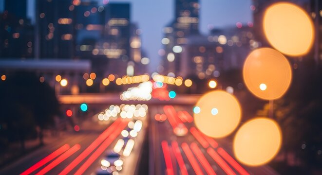 Abstract night city view with vibrant vehicle light trails and glittering bokeh effects on urban