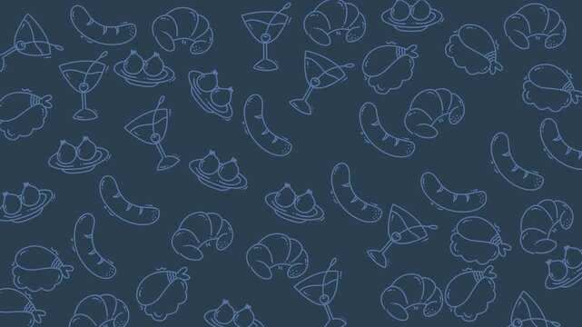 Food doodle pattern of sausages, cocktails, croissants on blue background. Suitable for menus, packaging, websites, and social media posts.