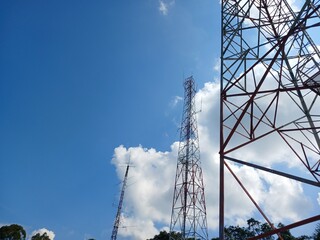 Telecommunication Antenna receiver on Gunung Medan cell phone tower with 4G base station transceiver