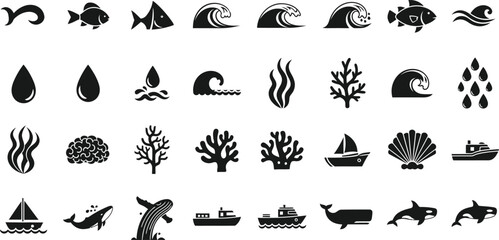 Collection of black and white marine life and nautical icons isolated on transparent background