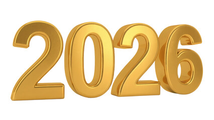 Golden 3d rendered numbers representing the year 2026 isolated on transparent background