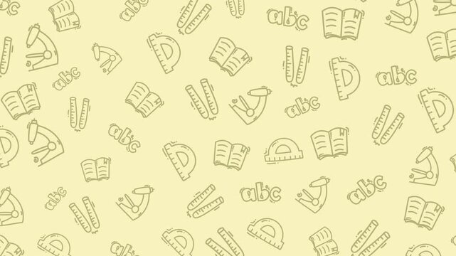 Doodle pattern of school objects on yellow background. Suitable for educational projects, stationery design, children products, and learning materials