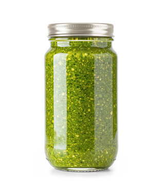 Clear Glass Jar of Pesto Sauce with metallic cap without label