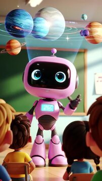 A smiling AI robot projecting holographic planets around curious children in a classroom. Bright, soft lighting and a pastel educational atmosphere.