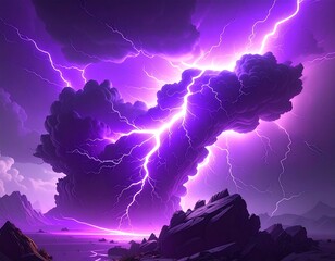 Vivid purple storm clouds illuminate a rugged landscape with intense lightning